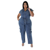 Casual Turndown Collar Sleeveless Pocket Belt Straight Loose Fit Denim Jumpsuits