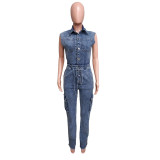 Casual Turndown Collar Sleeveless Pocket Belt Straight Loose Fit Denim Jumpsuits