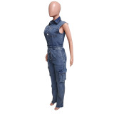 Casual Turndown Collar Sleeveless Pocket Belt Straight Loose Fit Denim Jumpsuits