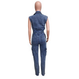 Casual Turndown Collar Sleeveless Pocket Belt Straight Loose Fit Denim Jumpsuits