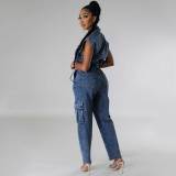 Casual Turndown Collar Sleeveless Pocket Belt Straight Loose Fit Denim Jumpsuits