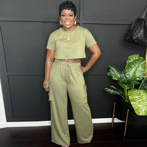 Solid Color Pocket Drawstring Two-piece Pant Set