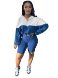 Elastic Waist Contrast Color Long Sleeve Shorts Set