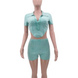Acid-washed Distressed Lapel Short Sleeve Short Set