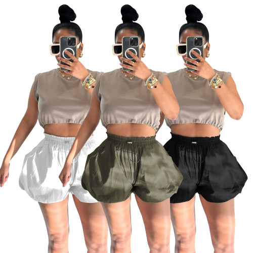 Y2K Solid Color Elastic Waist Bubble Fluffy Shorts