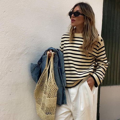 Solid Color Striped Contrast Sweater