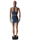 Cross Halter Denim Vest Top & Skirt Set