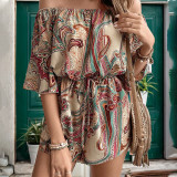 Women's Graphic Print Off Shoulder Knot Front Romper