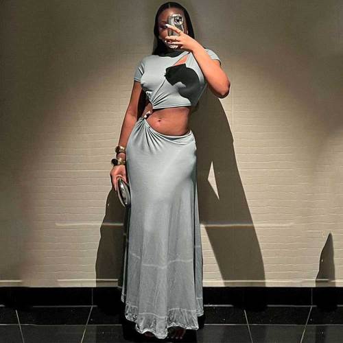 Sexy Pearl Decor O Neck Short Sleeve Hollow Out Crop Top And Maxi Skirt