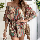 Women's Graphic Print Off Shoulder Knot Front Romper