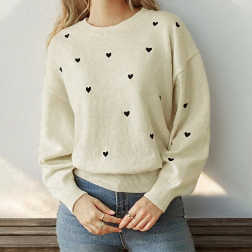 Women Heart Sweater Loose Long Sleeve Crew Neck Knit Pullover Fuzzy Sweater
