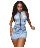 Cross Halter Denim Vest Top & Skirt Set