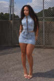 Cross Halter Denim Vest Top & Skirt Set