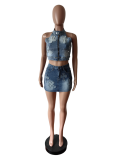 Cross Halter Denim Vest Top & Skirt Set