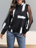 Brush Print Mesh Insert Lantern Sleeve Blouse