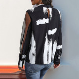 Brush Print Mesh Insert Lantern Sleeve Blouse