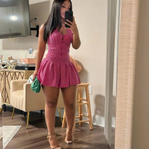 Sexy U-Neck A-Line Sleeveless Buckle Ruched Cinch Waist Halter Pleated Mini Dress