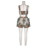 Street Retro Flower French Court Tube Top Tassel Overall Shorts Set