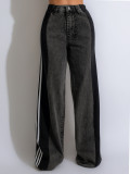 Stripe Splicing Jeans Denim High Waisted Button Straight Trousers