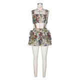 Street Retro Flower French Court Tube Top Tassel Overall Shorts Set