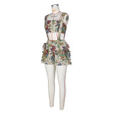 Street Retro Flower French Court Tube Top Tassel Overall Shorts Set
