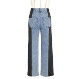 Stripe Splicing Jeans Denim High Waisted Button Straight Trousers