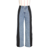 Stripe Splicing Jeans Denim High Waisted Button Straight Trousers