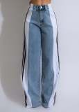 Stripe Splicing Jeans Denim High Waisted Button Straight Trousers