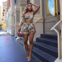 Street Retro Flower French Court Tube Top Tassel Overall Shorts Set