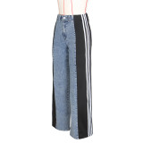 Stripe Splicing Jeans Denim High Waisted Button Straight Trousers
