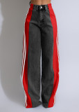 Stripe Splicing Jeans Denim High Waisted Button Straight Trousers