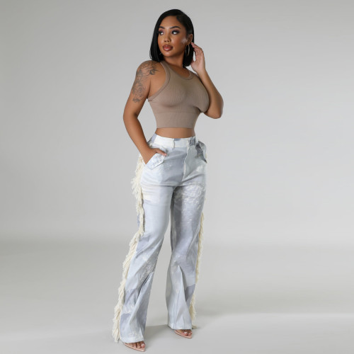 Women's Fashion Printed Tassel Straight Casual Pants Ladies Trousers