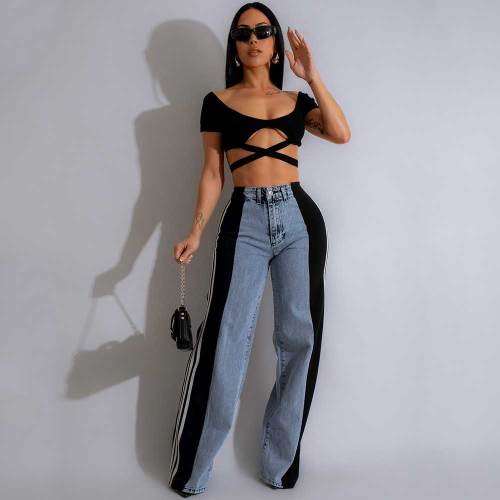 Stripe Splicing Jeans Denim High Waisted Button Straight Trousers