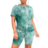 Casual Contrast Color Tie-dye Print Two Piece Short Set