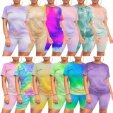 Casual Contrast Color Tie-dye Print Two Piece Short Set