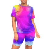 Casual Contrast Color Tie-dye Print Two Piece Short Set