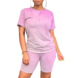 Casual Contrast Color Tie-dye Print Two Piece Short Set