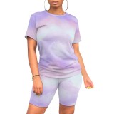 Casual Contrast Color Tie-dye Print Two Piece Short Set