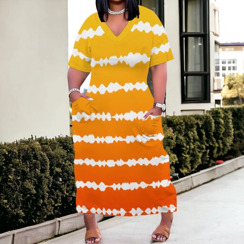 1 Piece Customized Plus Size Casual Gradient Printed V Neck Maxi Dresses