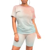 Casual Contrast Color Tie-dye Print Two Piece Short Set