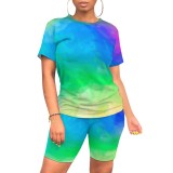 Casual Contrast Color Tie-dye Print Two Piece Short Set