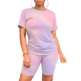 Casual Contrast Color Tie-dye Print Two Piece Short Set