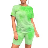 Casual Contrast Color Tie-dye Print Two Piece Short Set