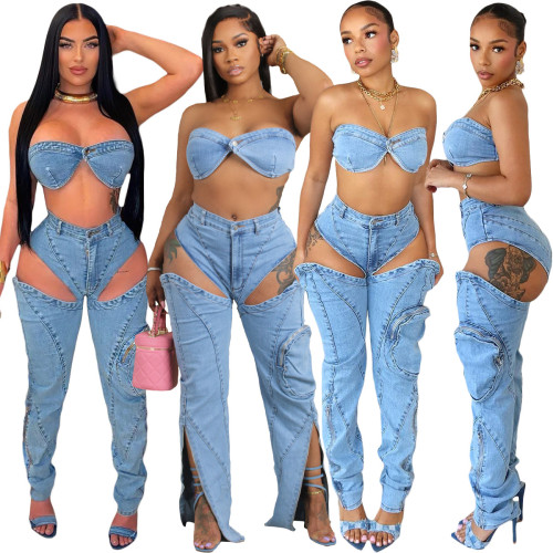 Sexy Zipper Strapless Tube Bra Tops And Cut-Out Pants Denim Matching Sets