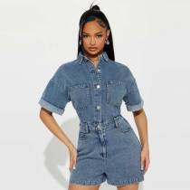 High Elastic Short Sleeve Loose Washed Denim Romper
