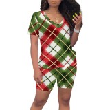 Casual Print Striped V Neck Two Piece Short Set