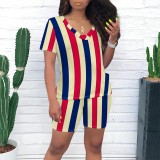 Casual Print Striped V Neck Two Piece Short Set