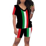 Casual Print Striped V Neck Two Piece Short Set