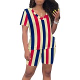 Casual Print Striped V Neck Two Piece Short Set