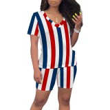 Casual Print Striped V Neck Two Piece Short Set